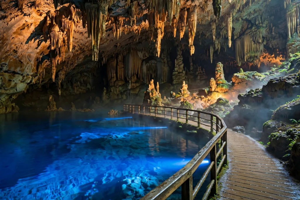 Glowing Dragon Blue underground lakes inside Ryusendo Cave, Japan