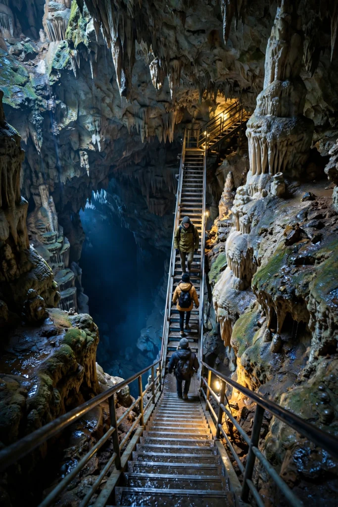 Travelers descending the long staircase inside Ryusendo Cave