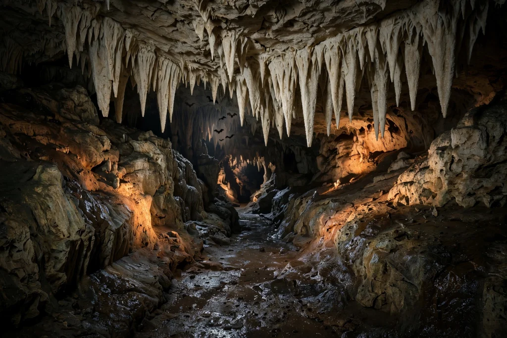 Stalactites and bat colony inside Ryusendo limestone cave