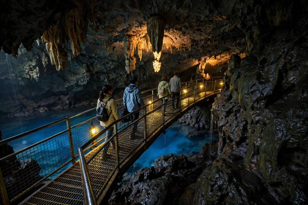 Visitors walking the illuminated walkway inside Ryusendo Cave above the blue underground lake