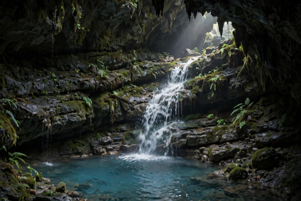Underground waterfall cascading into a turquoise pool inside Ryusendo Cave