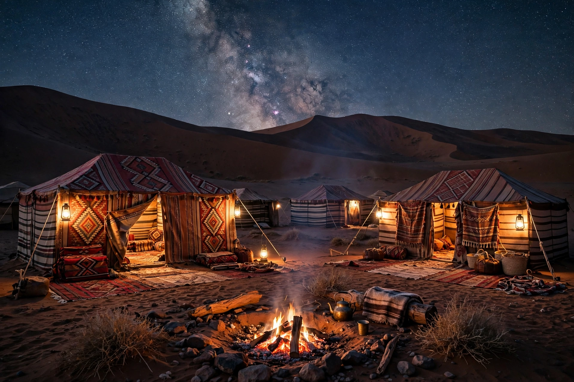 Berber desert camp in the Sahara at night near Merzouga Morocco with warm lantern light and a star filled sky over dark dunes