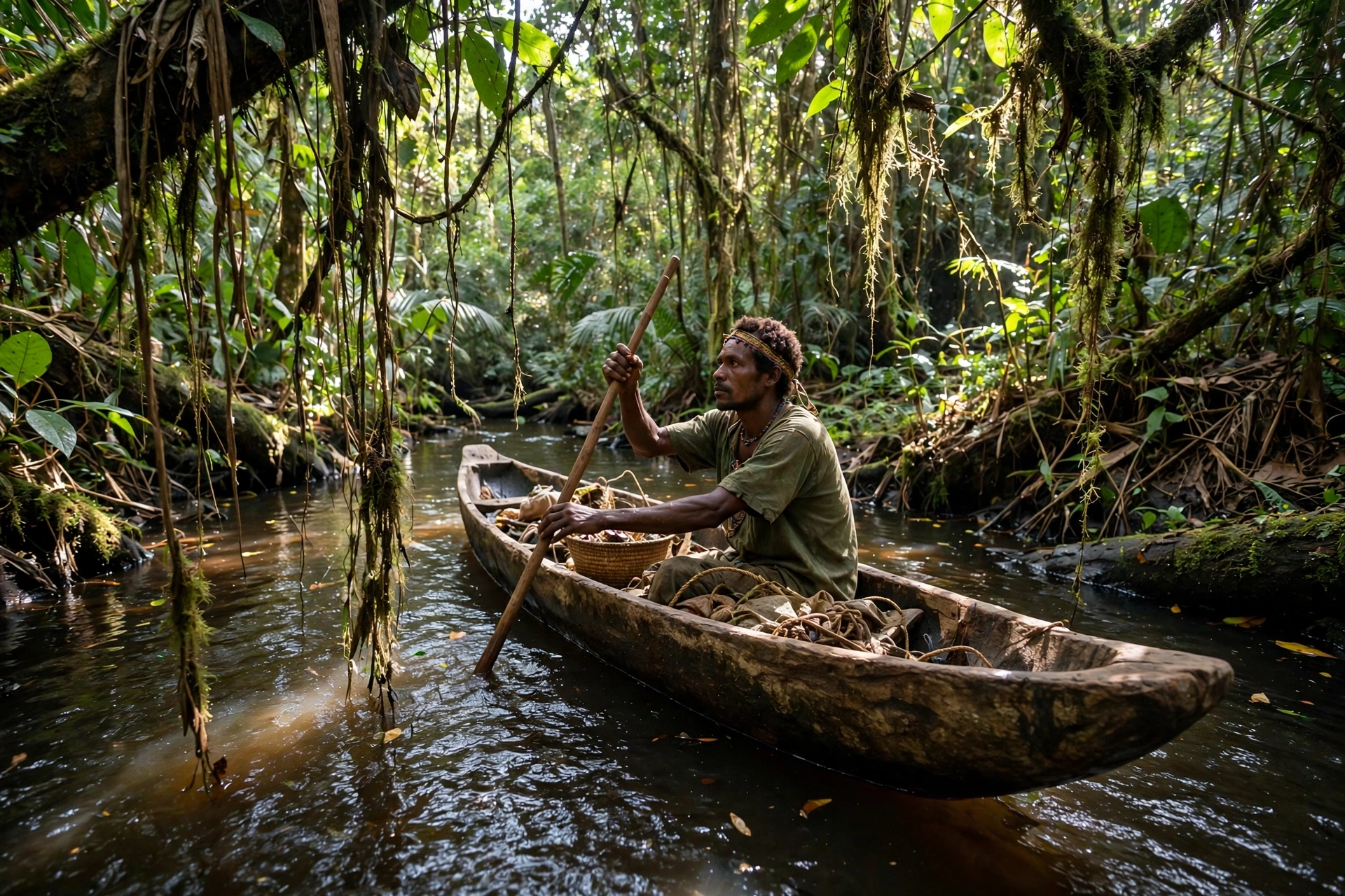 A local Baka guide poling a hand-carved dugout canoe through a narrow Congo Basin tributary