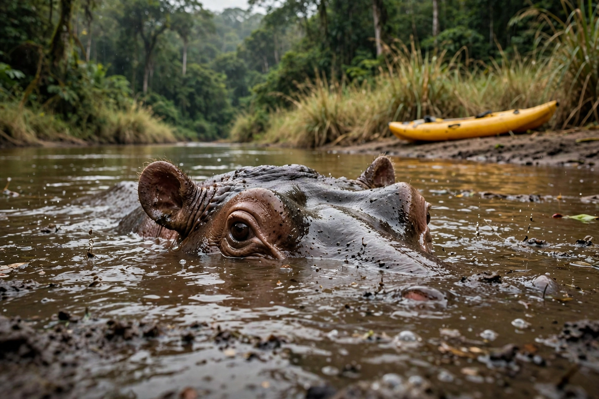 A hippo surfacing on a muddy Congo Basin river with an inflatable kayak pulled up on the far bank