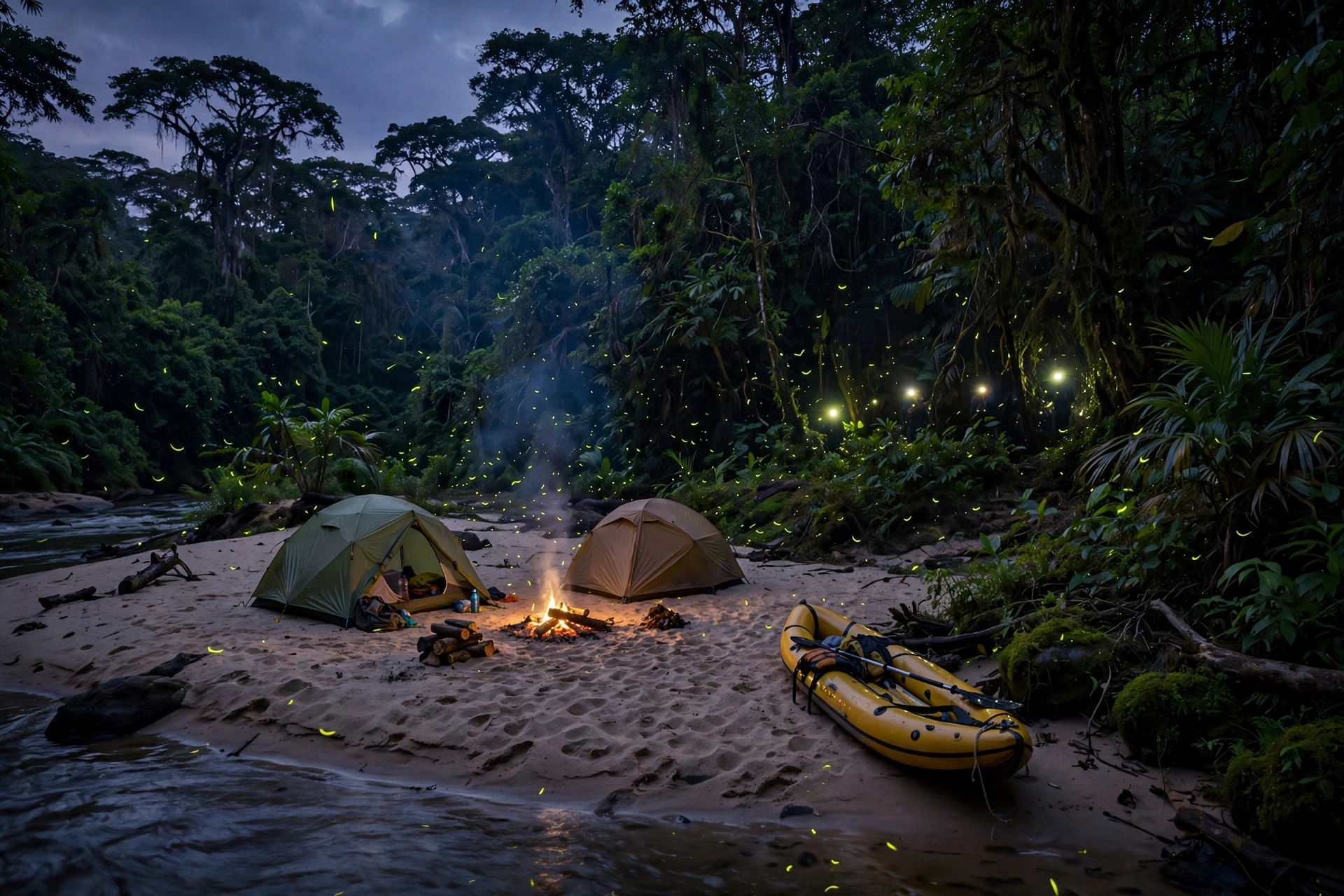 A small expedition camp with tents and a campfire glowing on a sandy Congo Basin riverbank at dusk