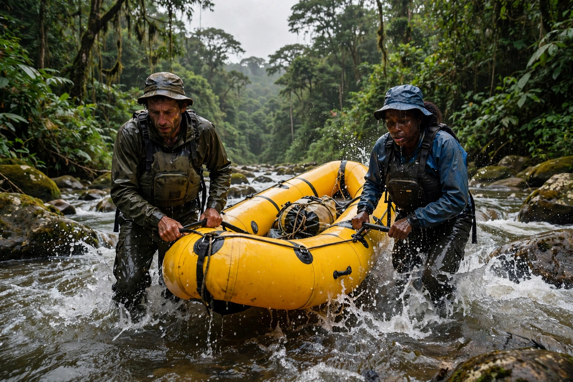 Two expedition kayakers portaging an inflatable kayak through shallow rocky rapids on a jungle river