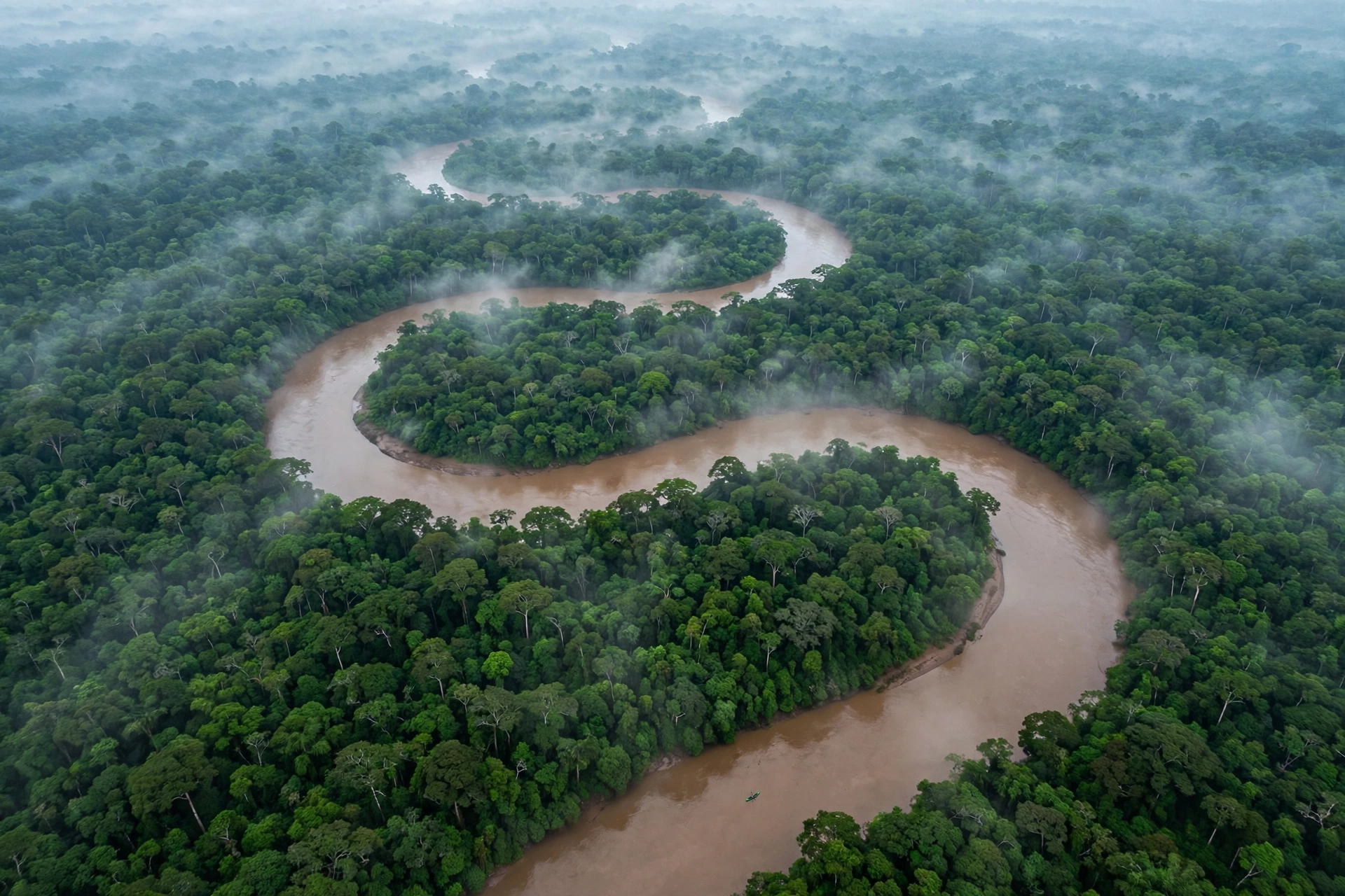 Aerial photograph of a giant S-bend in a muddy jungle river deep inside the Congo Basin rainforest