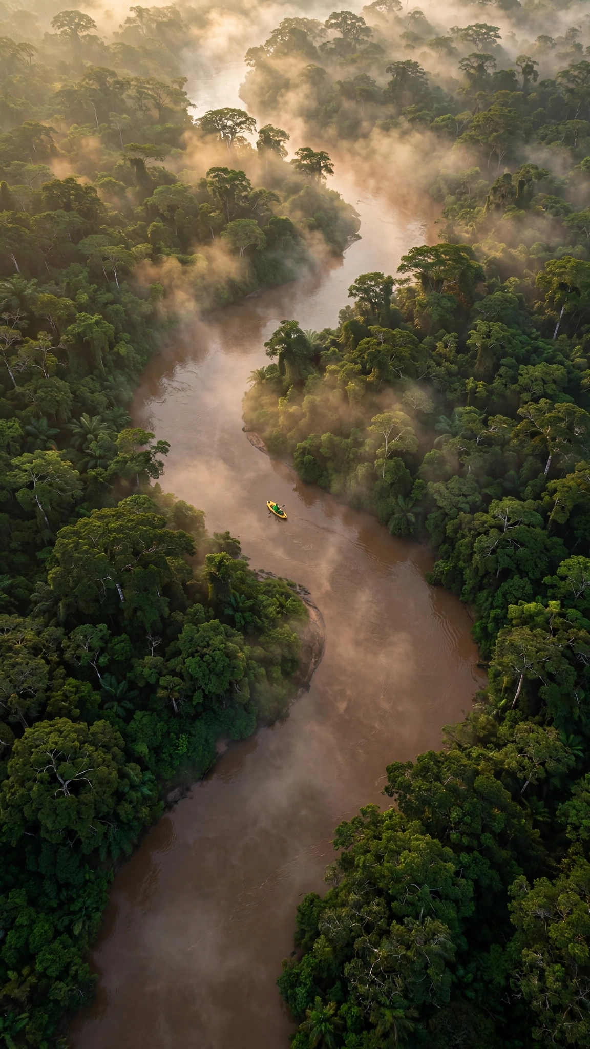 Aerial view of a lone inflatable kayak on the winding Sangha River in the Congo Basin rainforest
