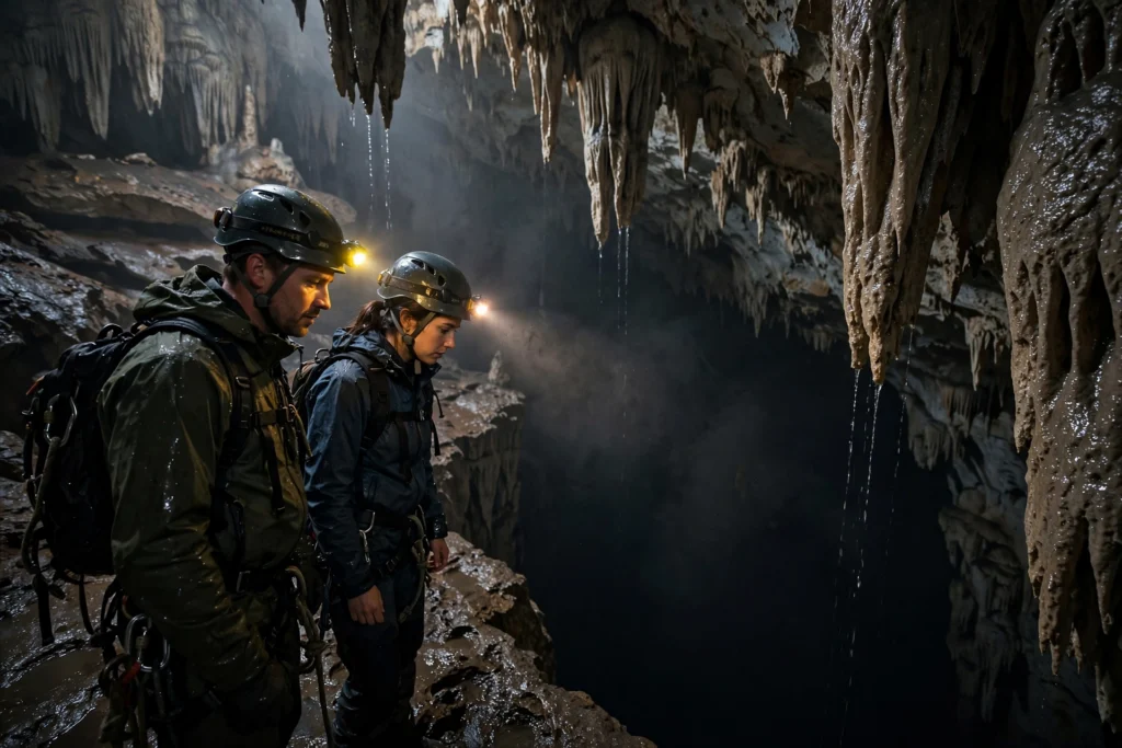 Explorers with headlamps preparing to descend into Sistema Cheve, the world's deepest cave