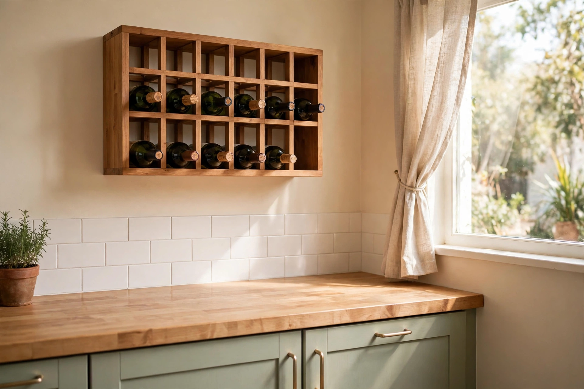 Compact wooden wall wine rack above a counter in a small apartment kitchen