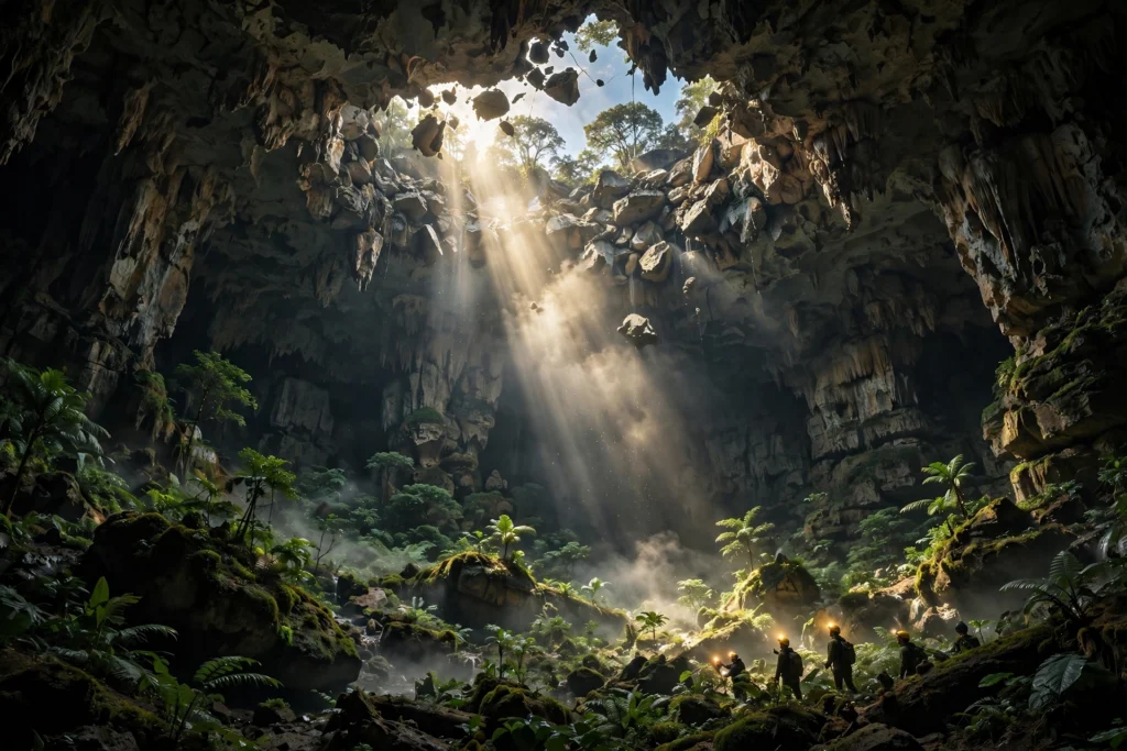 Vast doline chamber inside Son Doong cave, Vietnam, with sunlight streaming through a collapsed ceiling onto a jungle growing underground