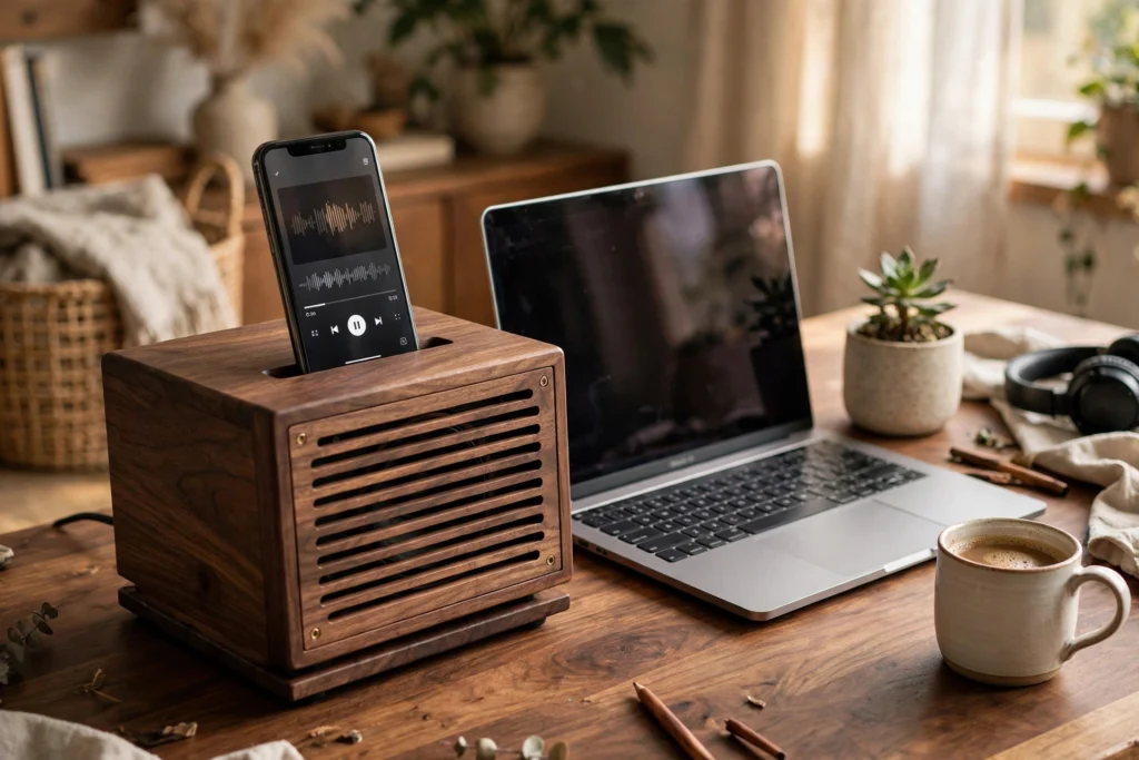 Home office desk with a walnut phone speaker stand beside a laptop, plant, and coffee mug
