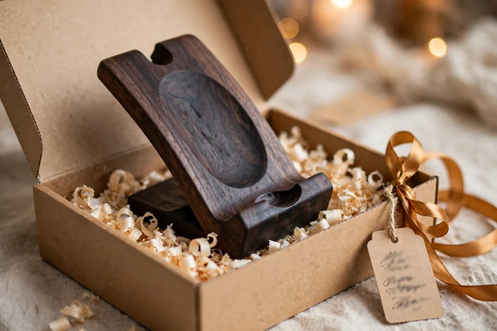 Handmade walnut phone speaker stand presented in an open kraft gift box with wood shavings