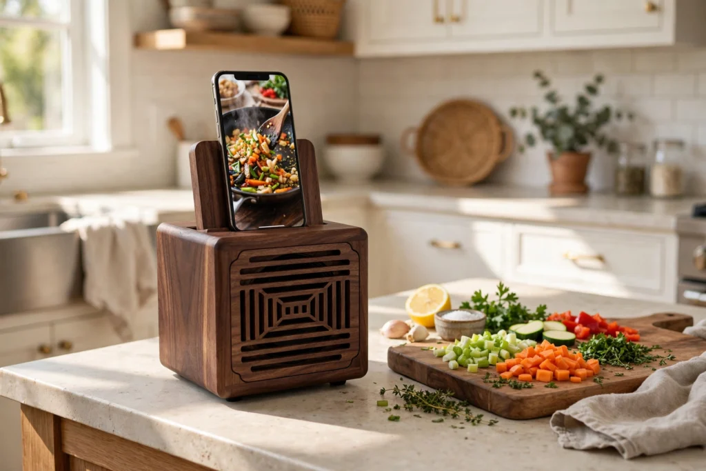 Phone in a walnut speaker stand playing a cooking video on a kitchen counter next to a cutting board