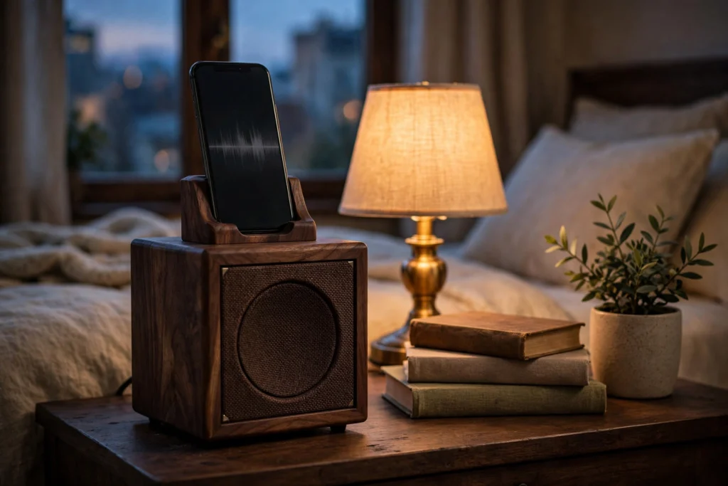 Walnut phone speaker stand on a bedside table playing a podcast in warm evening light