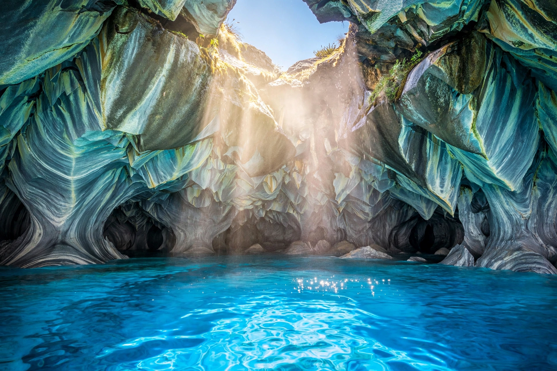 Sunlight shaft turning a marble cave interior electric blue on Lago General Carrera, Chile