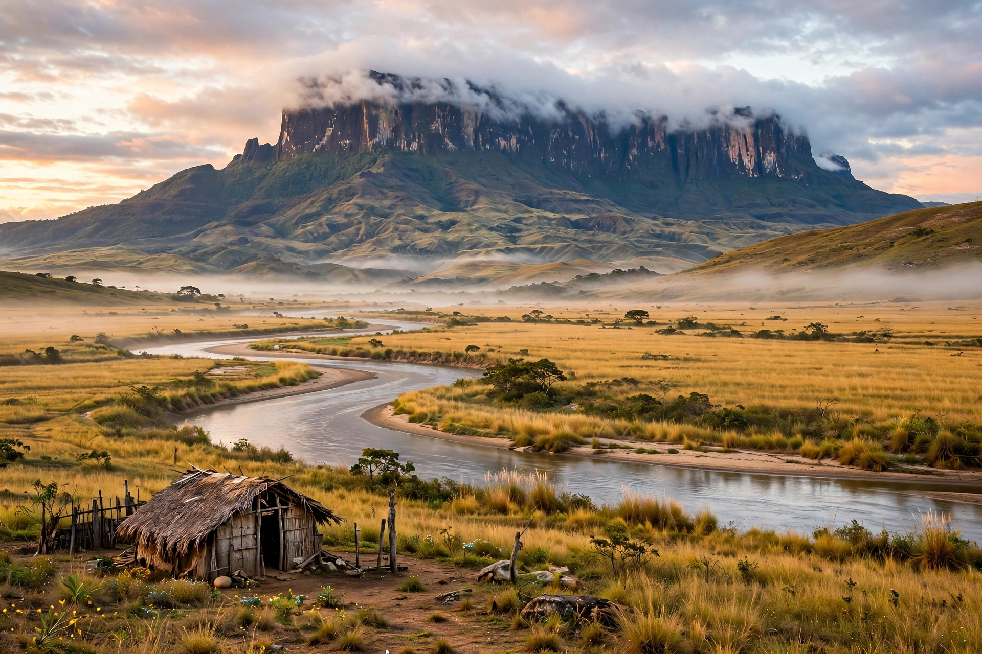 Mount Roraima tepui towering over the golden Gran Sabana grasslands at sunrise
