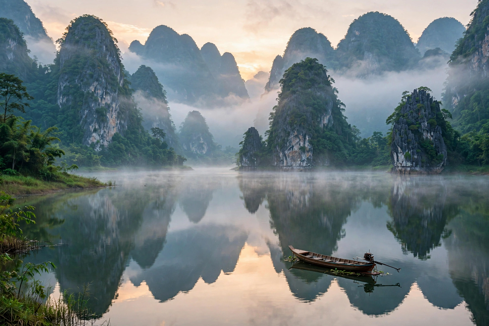 Mountain reservoir in Chiang Rai, Thailand at sunrise with limestone peaks