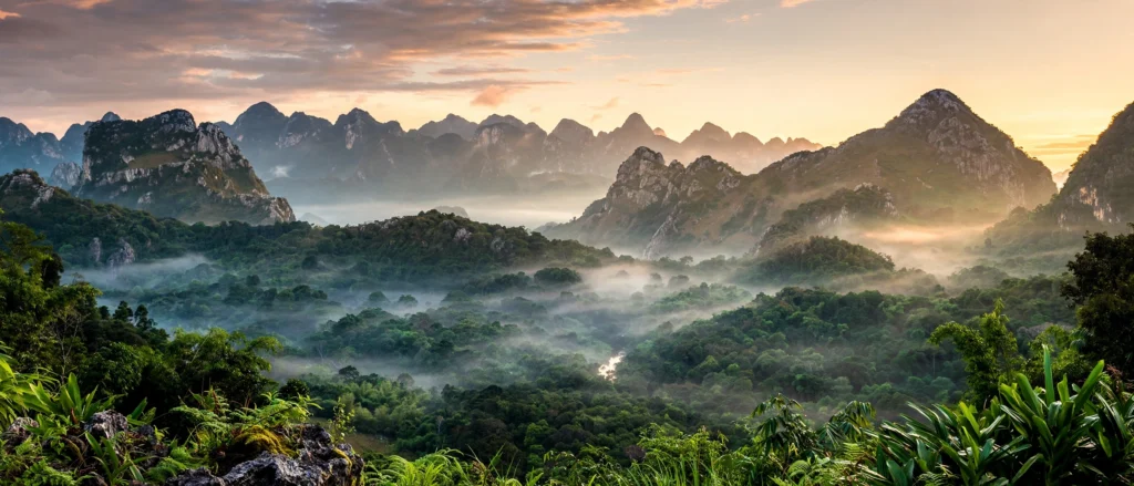 Doi Nang Non Sleeping Lady mountain range in Chiang Rai, Thailand at golden hour
