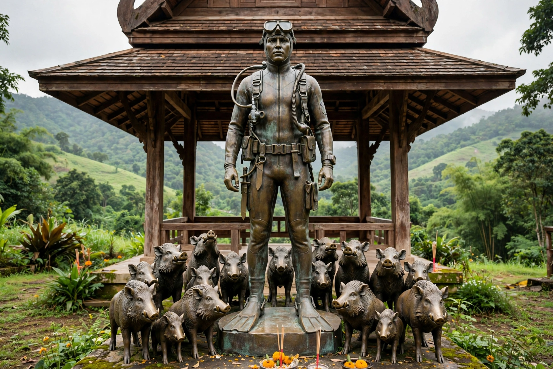 Bronze statue of rescue diver Saman Gunan with thirteen bronze wild boars at his feet at the Tham Luang memorial