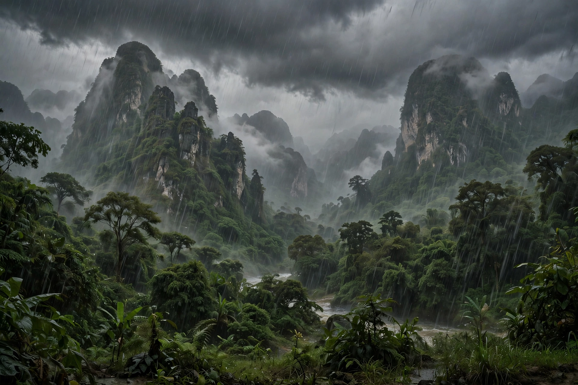 Monsoon rain pouring over limestone karst mountains in northern Thailand