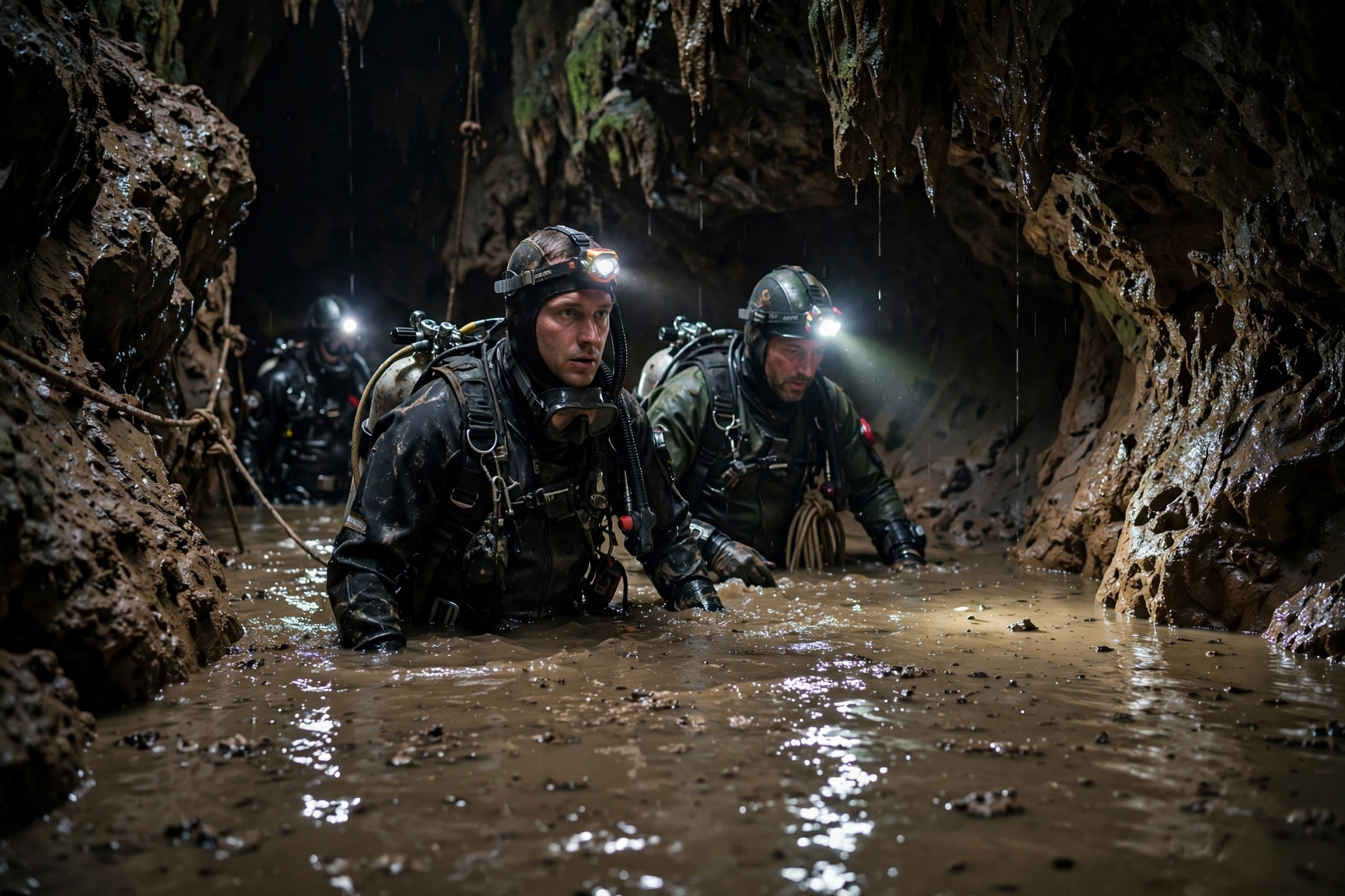 Rescue divers with headlamps wading through a flooded dark cave passage during the Tham Luang cave rescue operation
