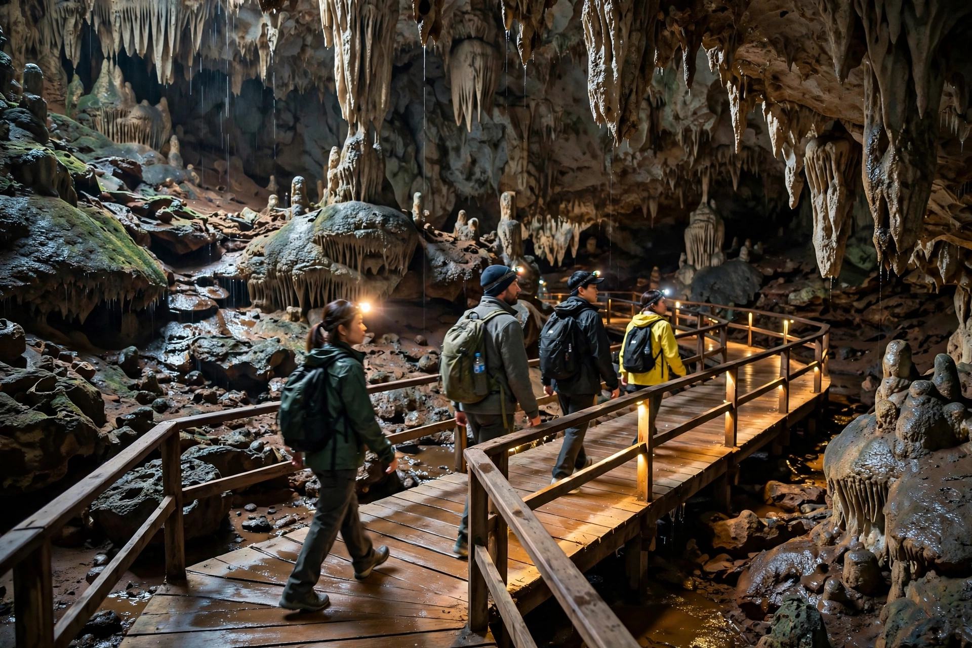 Tourists with headlamps walking the boardwalk through the first chamber of Tham Luang cave