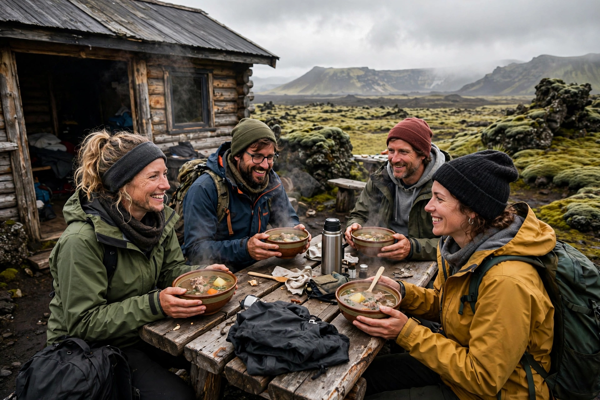 Tour visitors enjoying steaming bowls of traditional Icelandic lamb soup at the Thrihnukagigur base camp