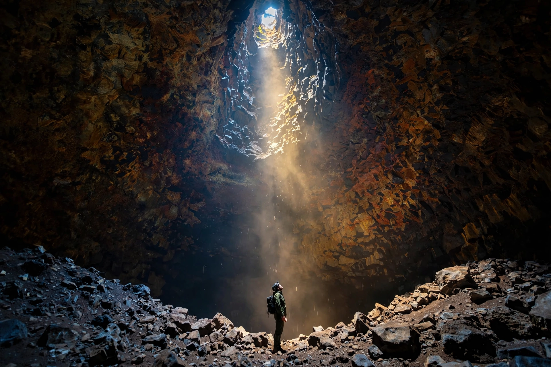Lone visitor looking up from the floor of Thrihnukagigur's magma chamber toward a small circle of daylight 120 meters above