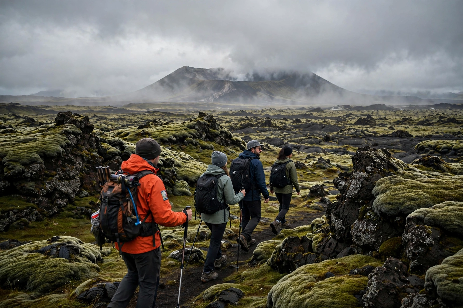 Hikers crossing a moss-covered black lava field toward Thrihnukagigur volcano in Iceland