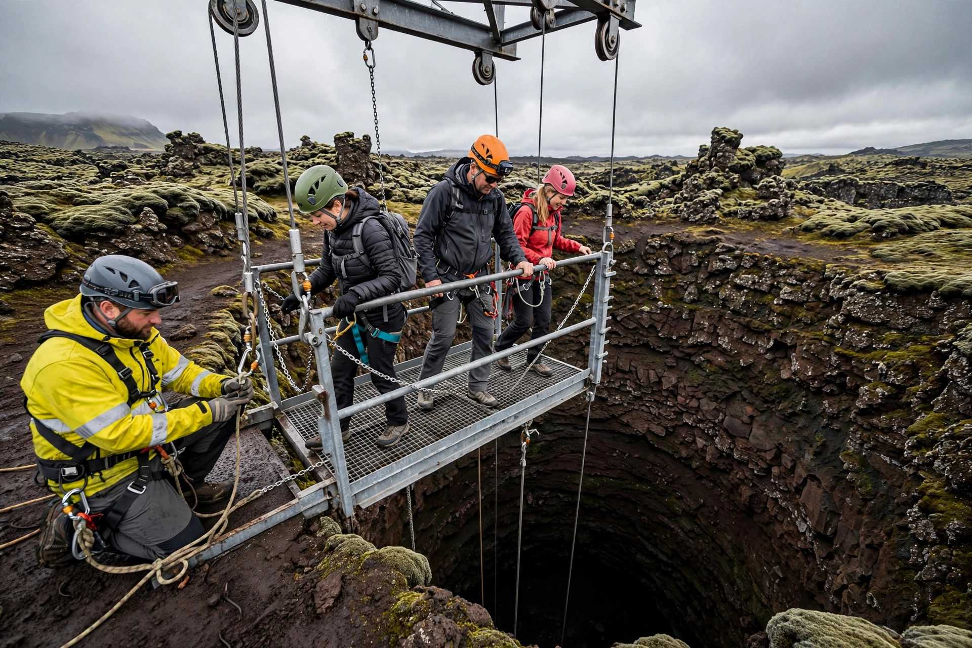 Open steel lift platform over the crater shaft of Thrihnukagigur with visitors in helmets and harnesses