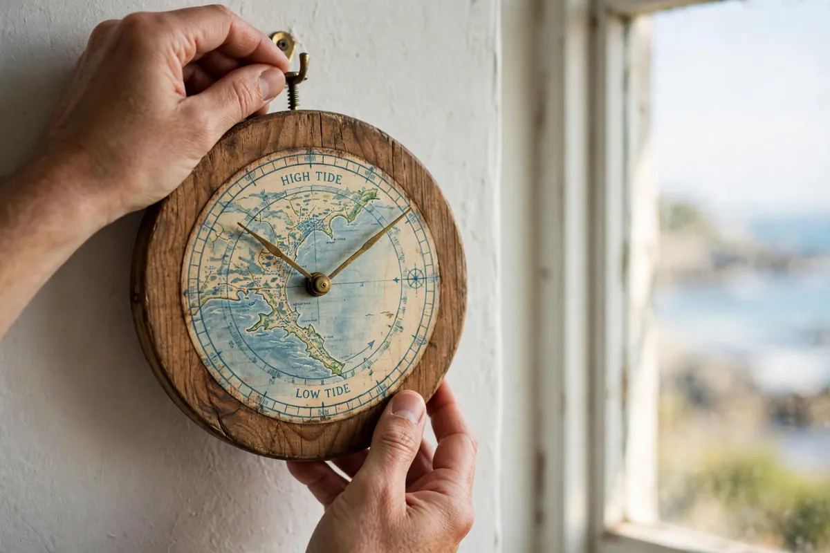 Closeup of a handmade wooden tide clock being hung on a pale coastal wall, showing painted coastline detail and natural wood grain