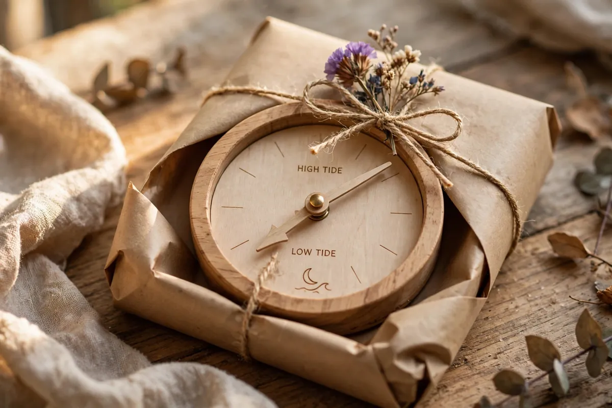 Handmade wooden tide clock in kraft gift wrapping with twine and a dried flower on a wooden table