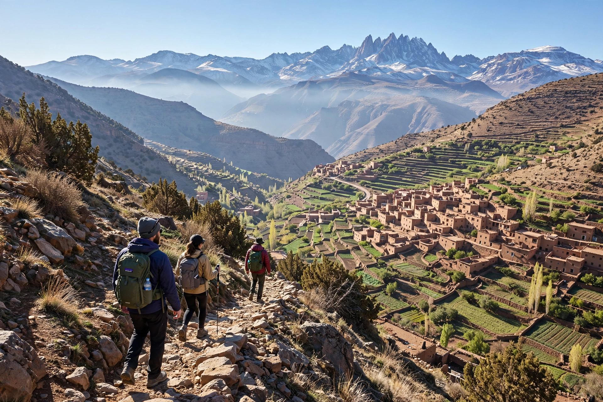 Hikers on a rocky trail in the High Atlas Mountains near Mount Toubkal Morocco with Berber village terraces below