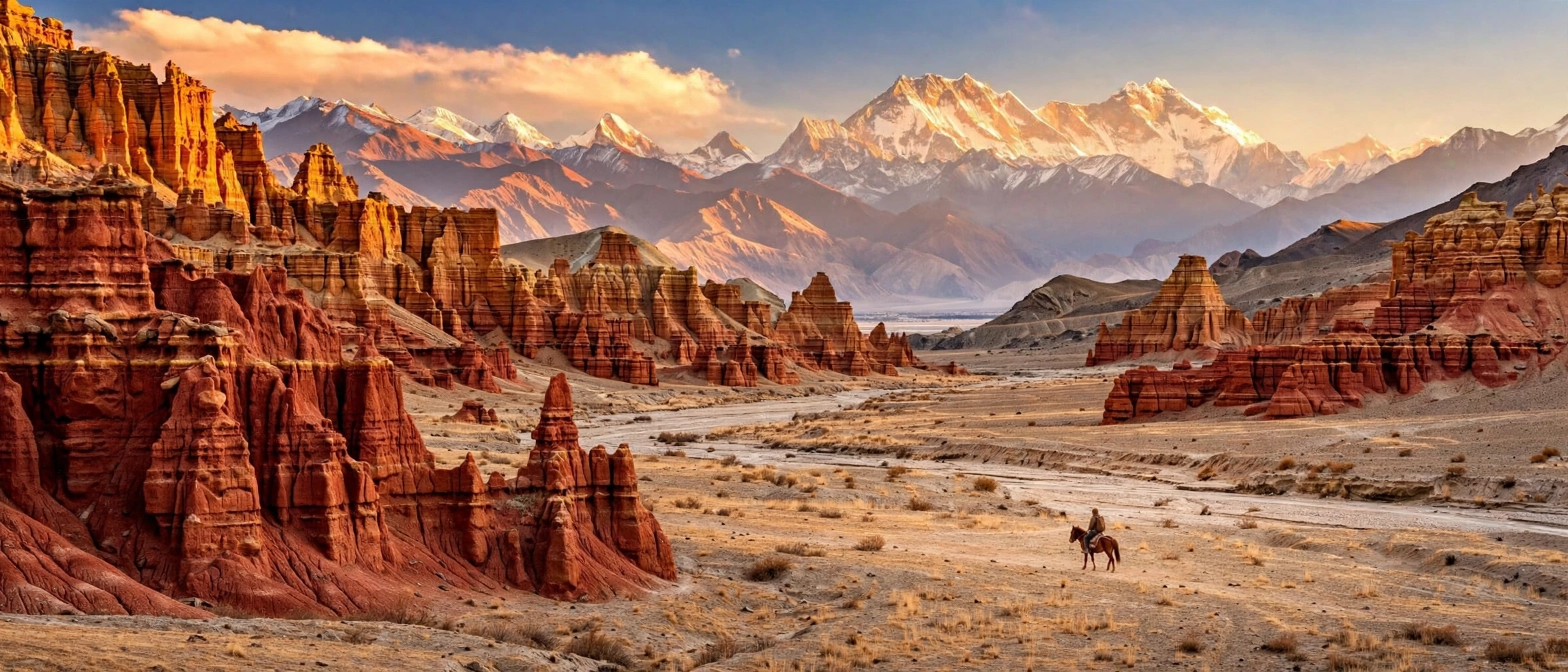 Red desert canyons of Upper Mustang Nepal with a horseman crossing the valley and Himalayan peaks on the horizon