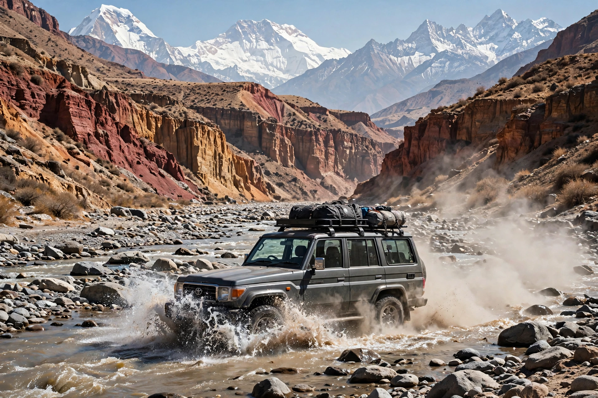 A 4x4 jeep crossing the rocky Kali Gandaki riverbed in Upper Mustang with red canyon walls and Himalayan peaks