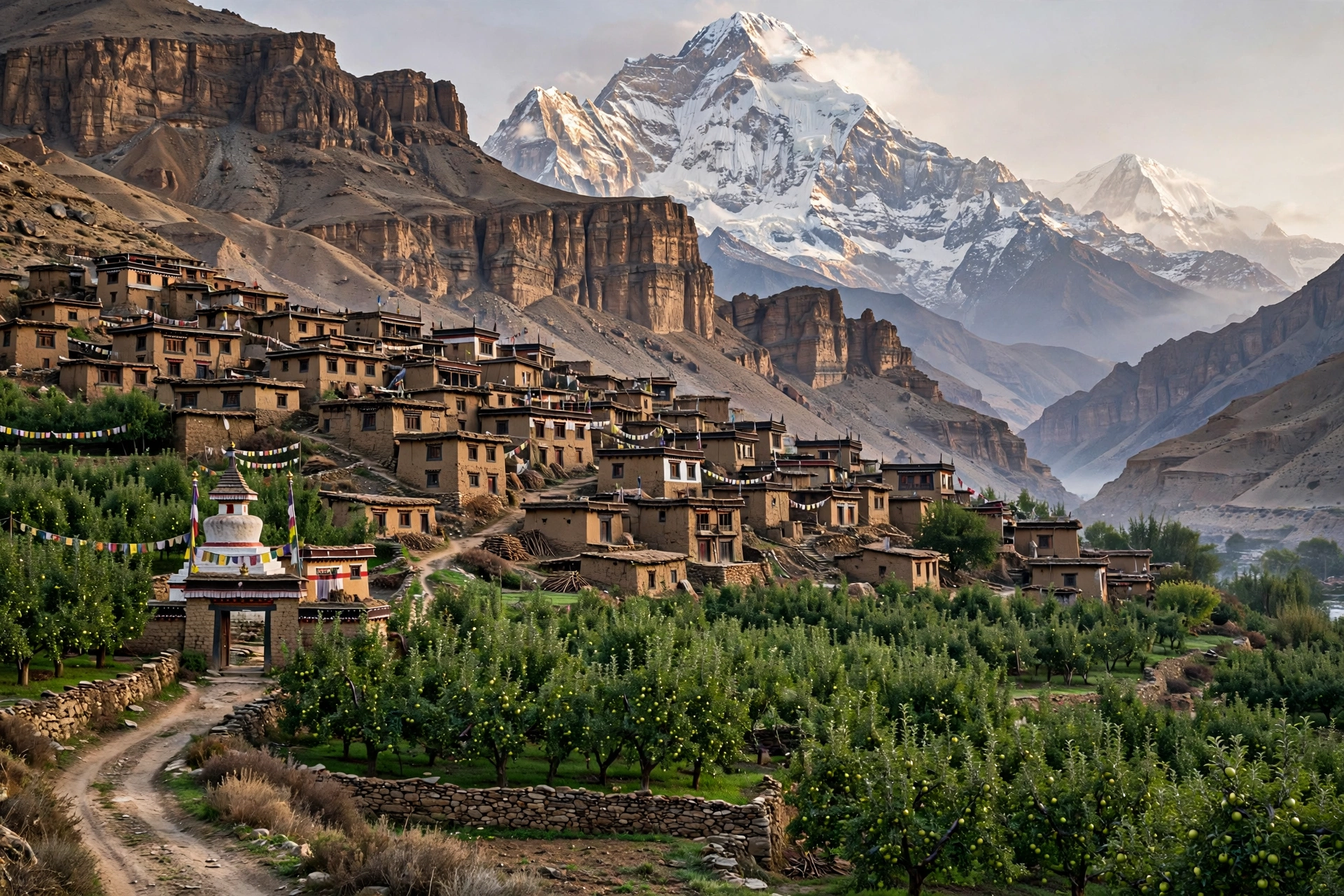 Kagbeni village with green apple orchards and Nilgiri peak towering over the gateway to Upper Mustang Nepal