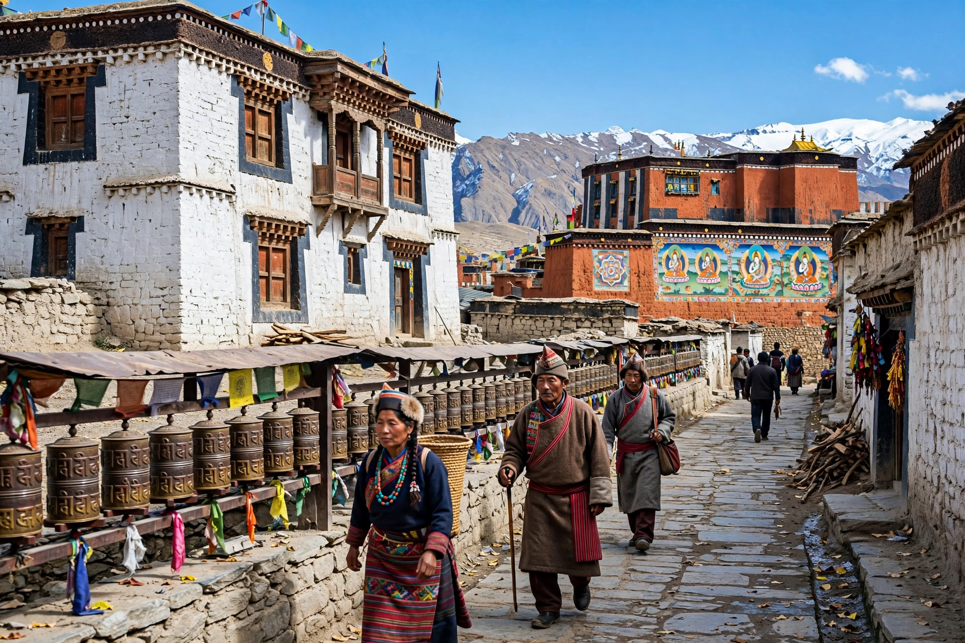 The royal palace and Thubchen monastery in Lo Manthang, Upper Mustang, with locals in traditional dress