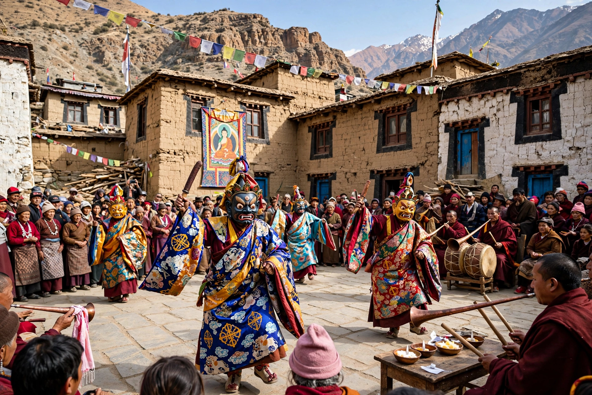 Monks in colorful masks performing the cham dance at the Tiji Festival in Lo Manthang, Upper Mustang