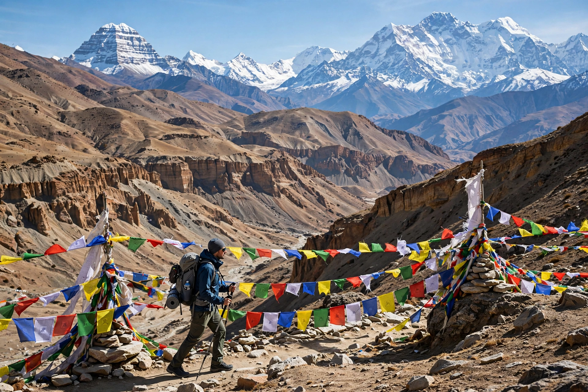 A trekker crossing a prayer-flag-draped mountain pass in Upper Mustang with Nilgiri and Annapurna peaks behind