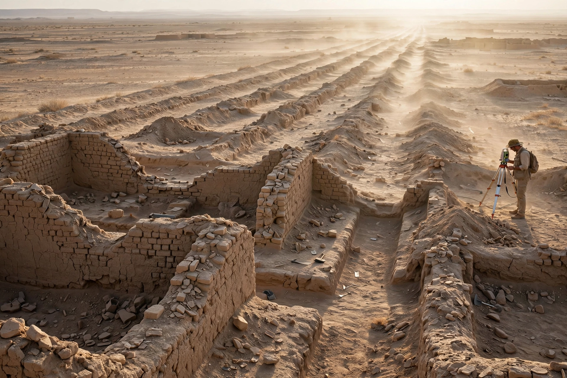 The ancient ruins of Uruk in the Iraqi desert with an archaeologist surveying excavation trenches