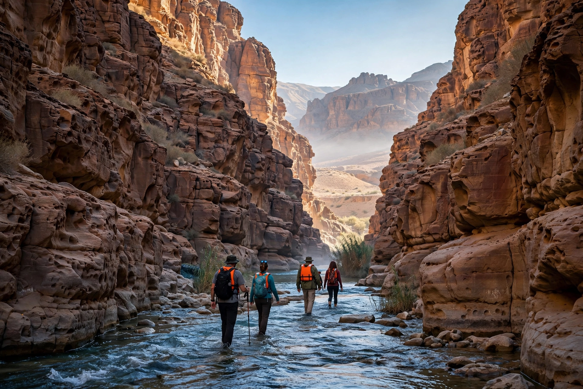 Hikers entering the narrow sandstone canyon at Wadi Mujib, Jordan