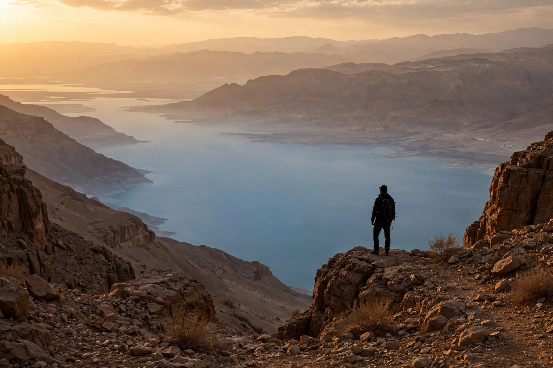 View over the Dead Sea from the Wadi Mujib canyon area at golden hour