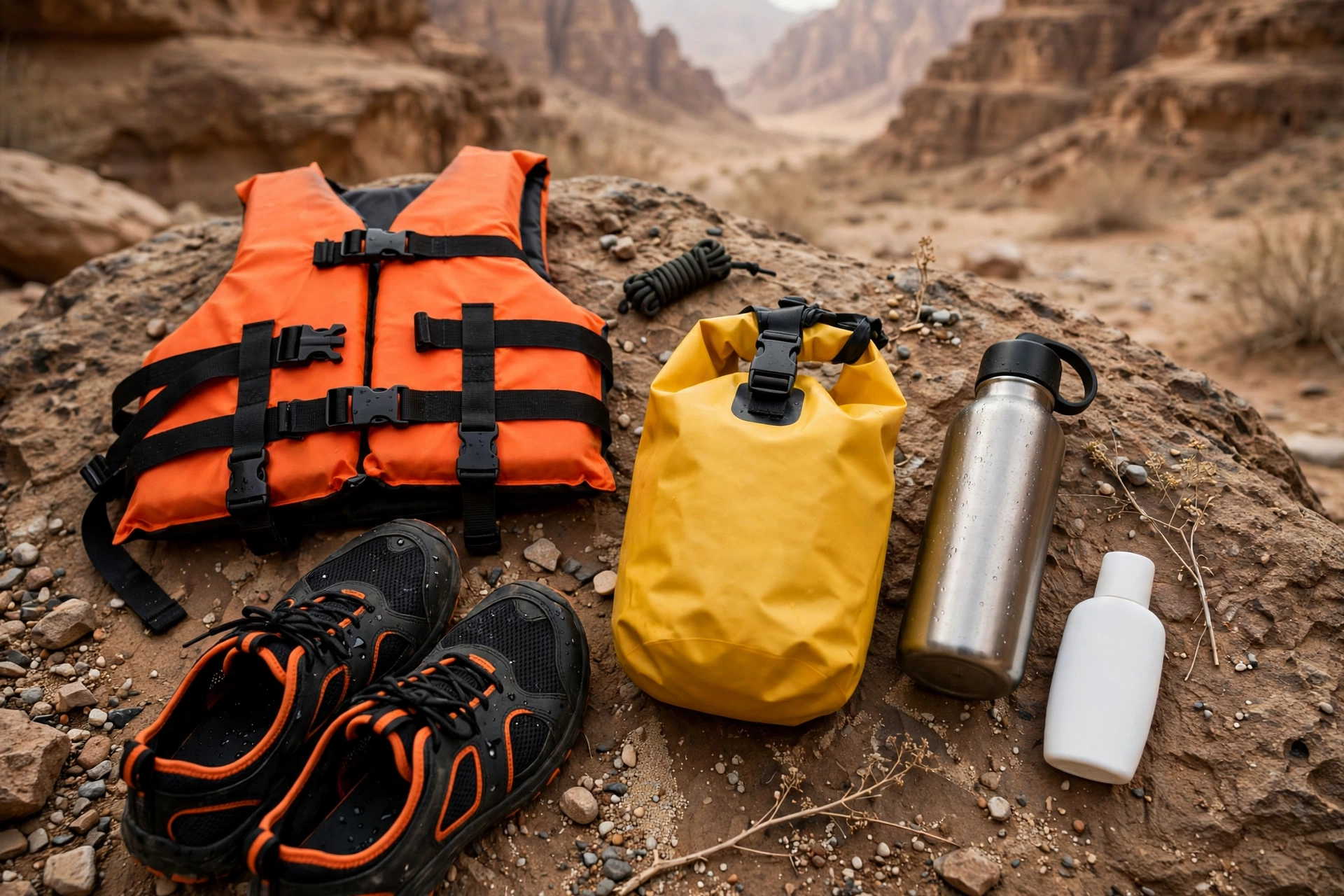 Canyoning gear for Wadi Mujib, water shoes, life vest and dry bag