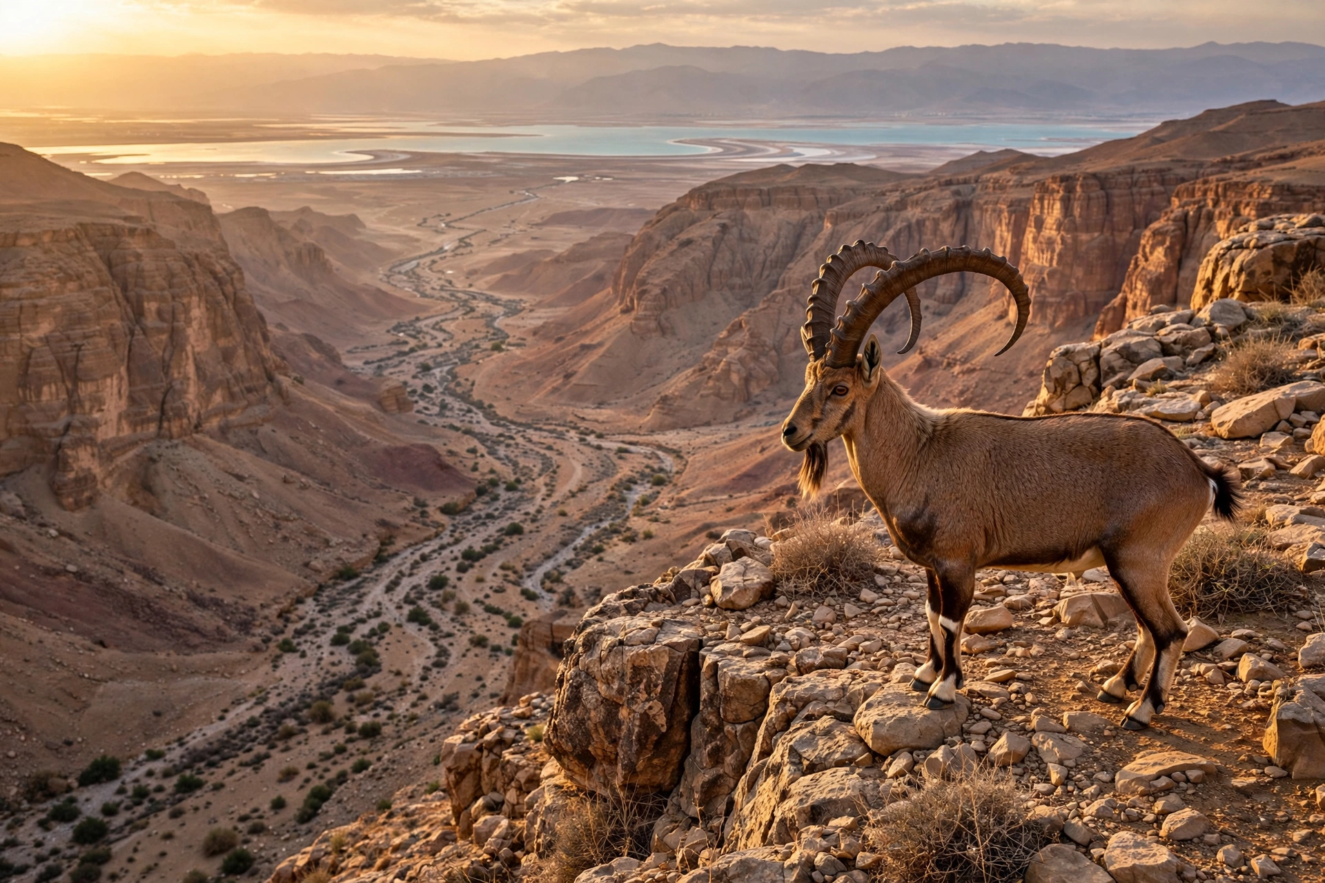 Nubian ibex above Wadi Mujib canyon with the Dead Sea in the distance
