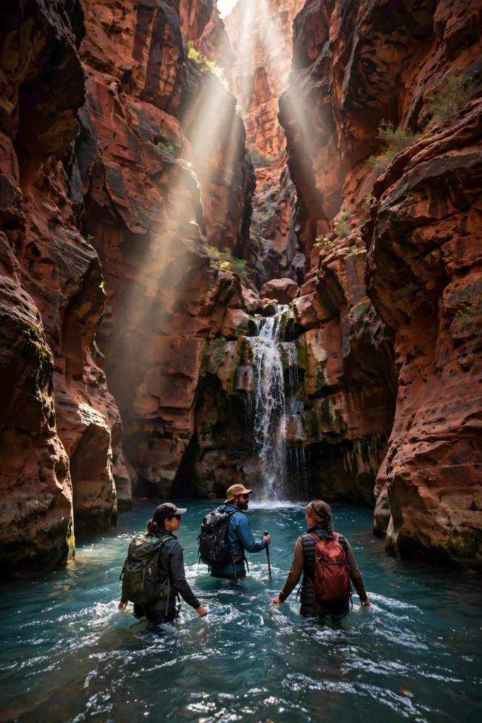 Hikers wading through the narrow canyon at Wadi Mujib, Jordan