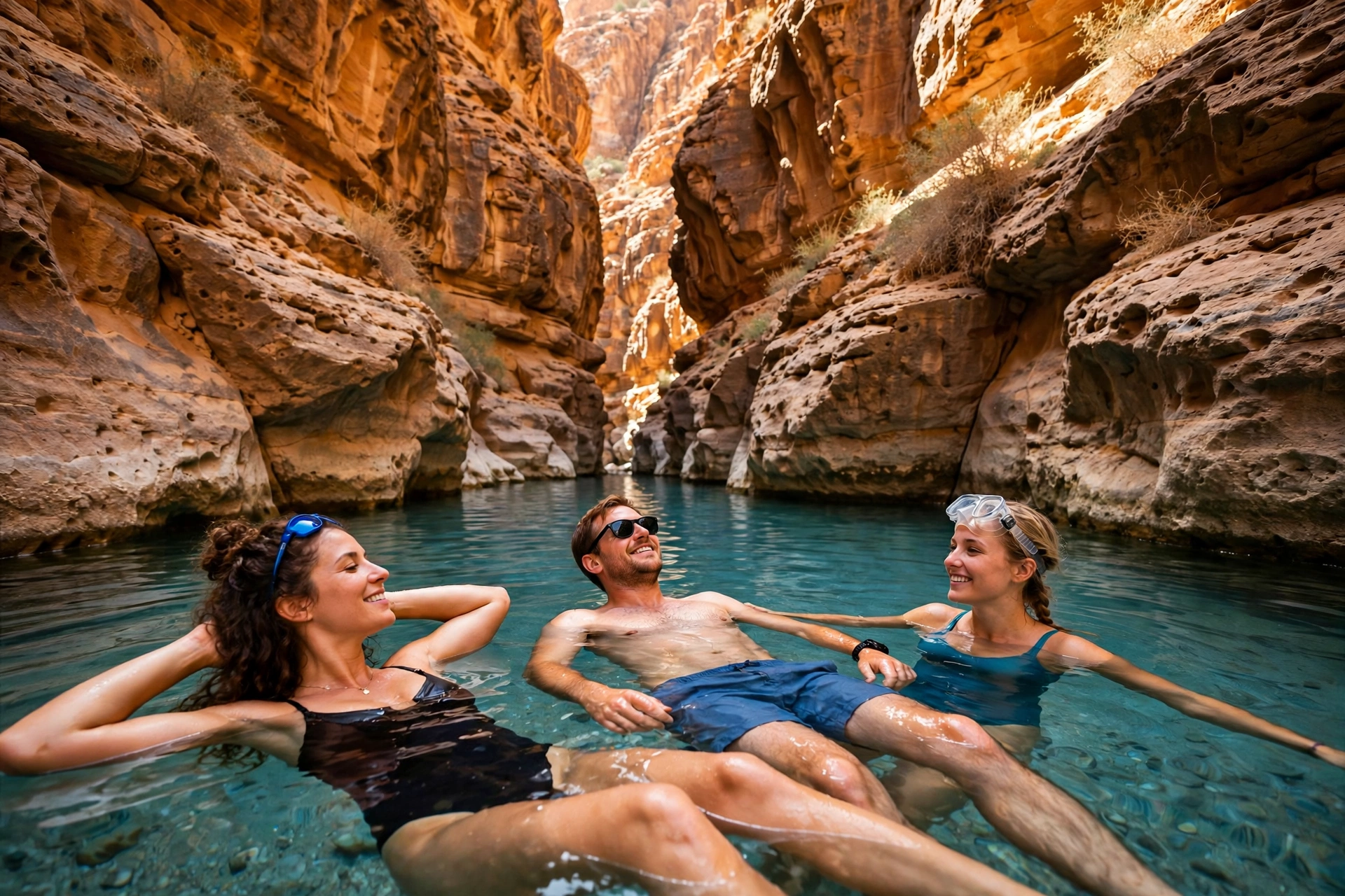 Swimmers in a turquoise pool inside Wadi Mujib canyon