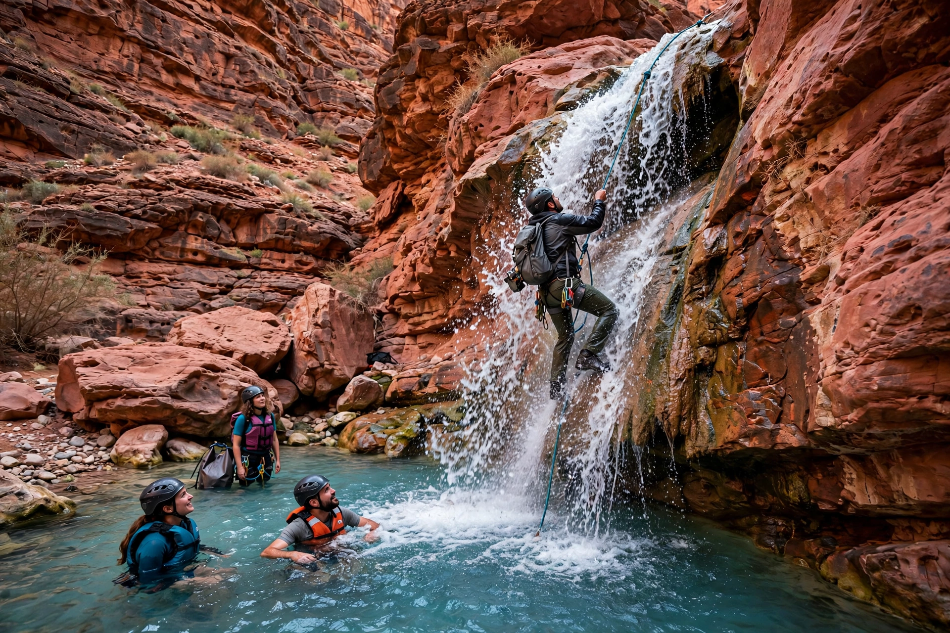 Hiker climbing a small waterfall on a rope in Wadi Mujib canyon