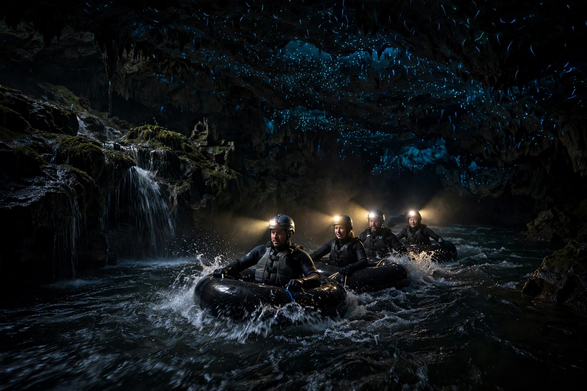 Black water rafters on inner tubes floating through a glowworm-lit cave river