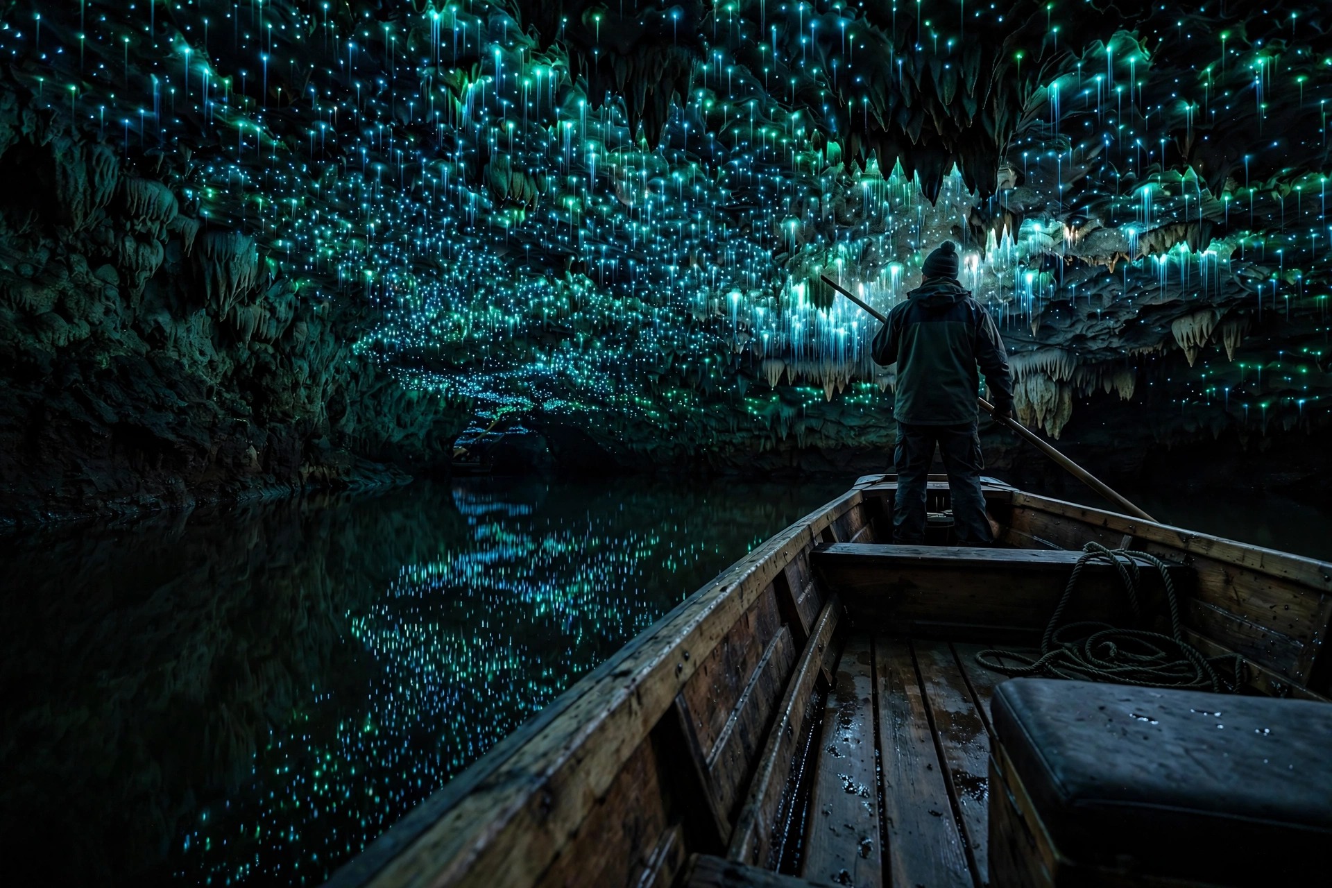 Tour boat drifting through the Glowworm Grotto with glowworm light reflecting on the water